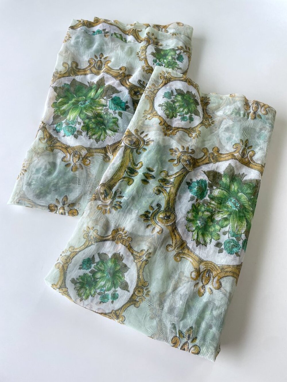 Pair of vintage 60s sheer floral curtains, green flower bouquets and medallions
